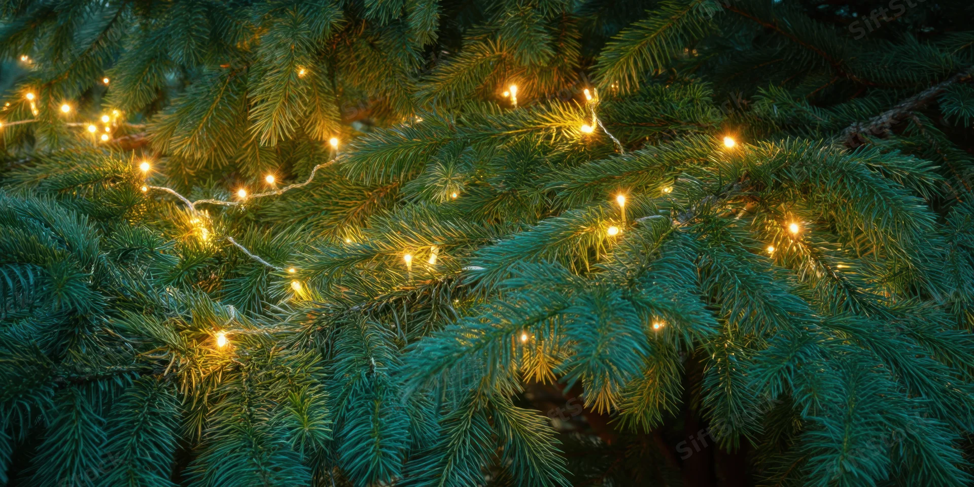 Evergreen tree branch adorned with warm fairy lights for christmas decoration