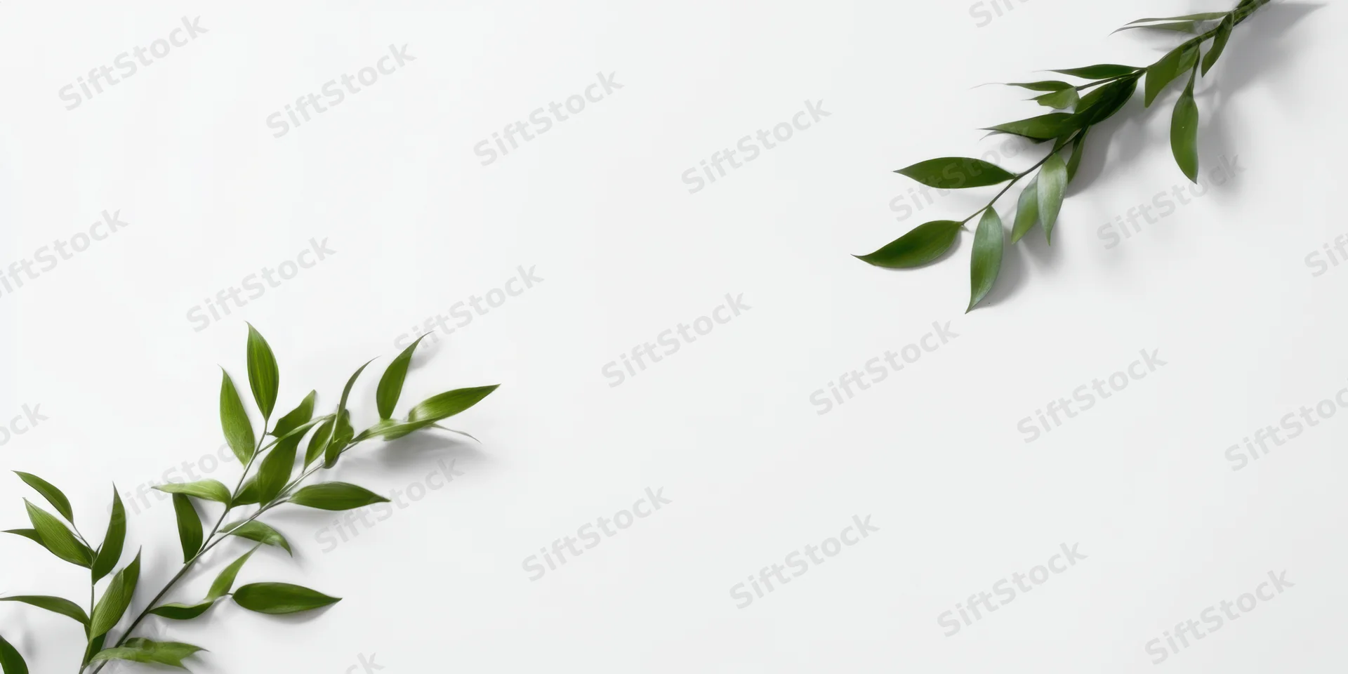 Bamboo leaves arranged on white studio surface with copyspace