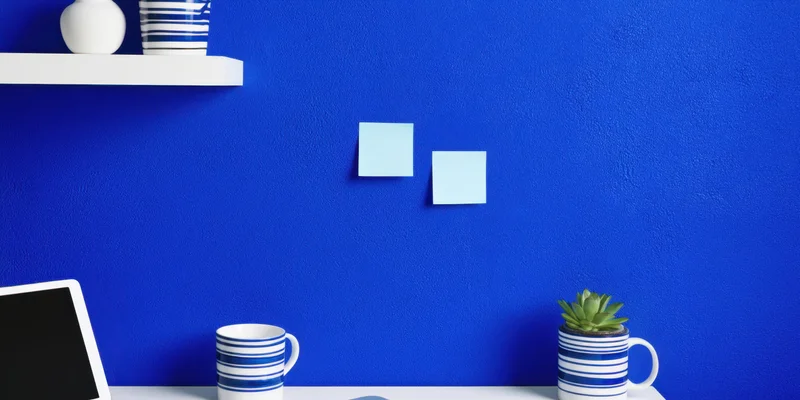 Minimalist desk setup with striped mugs and succulent plant against cobalt blue textured wall