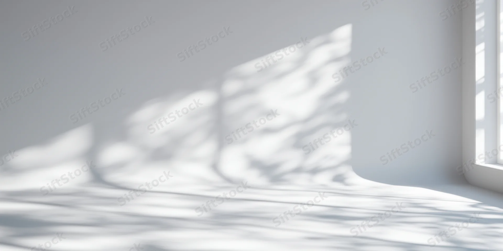 Dappled sunlight casting leaf shadows across a smooth white floor and gray wall in a minimalist studio interior
