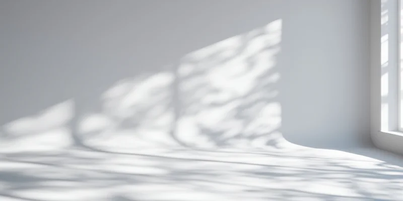 Dappled sunlight casting leaf shadows across a smooth white floor and gray wall in a minimalist studio interior