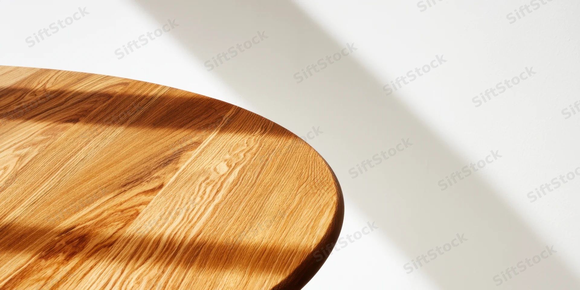 Round wooden table edge in warm sunlight against white wall