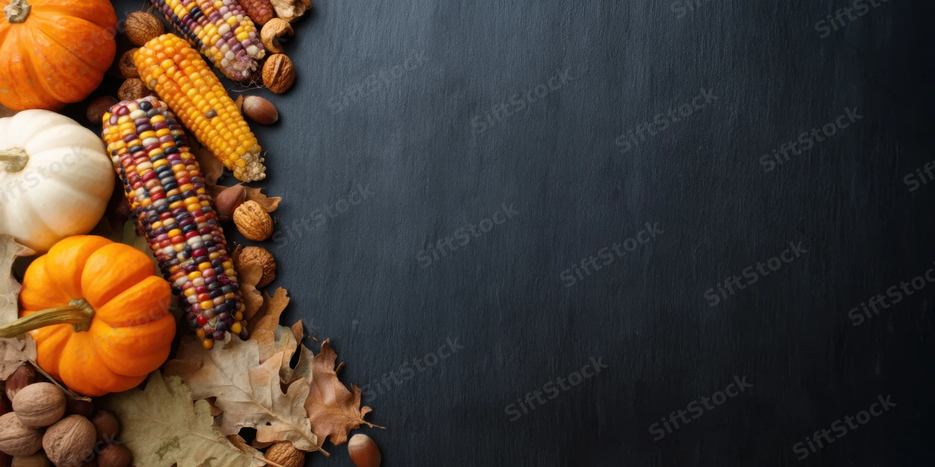 Autumn still life with pumpkins, corn, acorns and leaves arranged along dark textured surface with copyspace