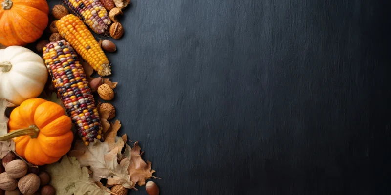 Autumn still life with pumpkins, corn, acorns and leaves arranged along dark textured surface with copyspace