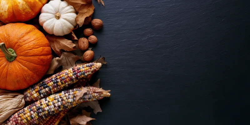 Autumn still life with pumpkins, corn, leaves and nuts arranged on dark slate surface