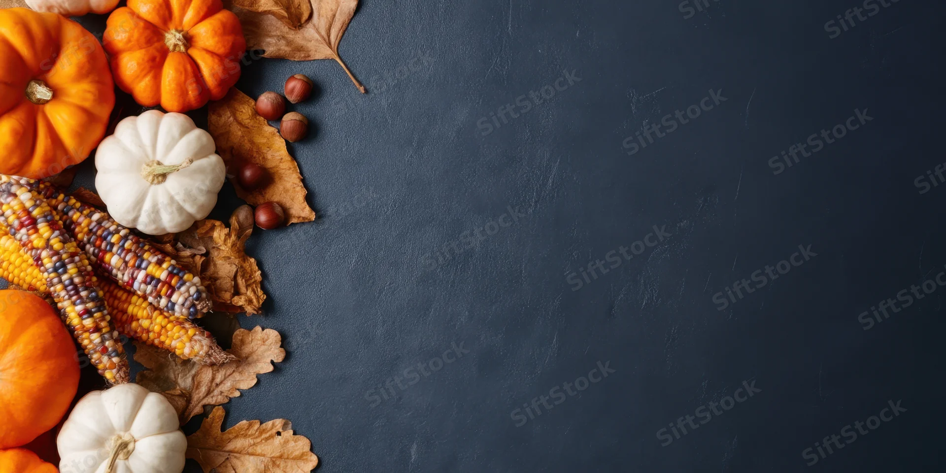 Autumn still life with orange and white pumpkins, dried corn, and fallen leaves arranged on dark stone surface