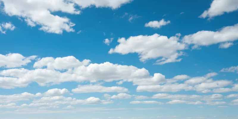 Blue sky with scattered fluffy white clouds across the horizon