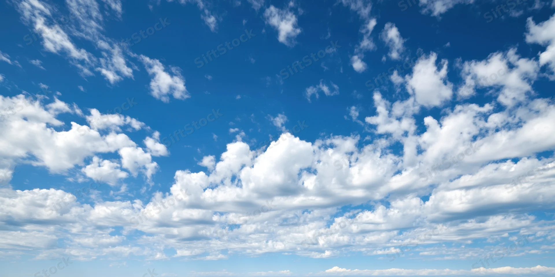 Blue sky with scattered fluffy white clouds across the horizon