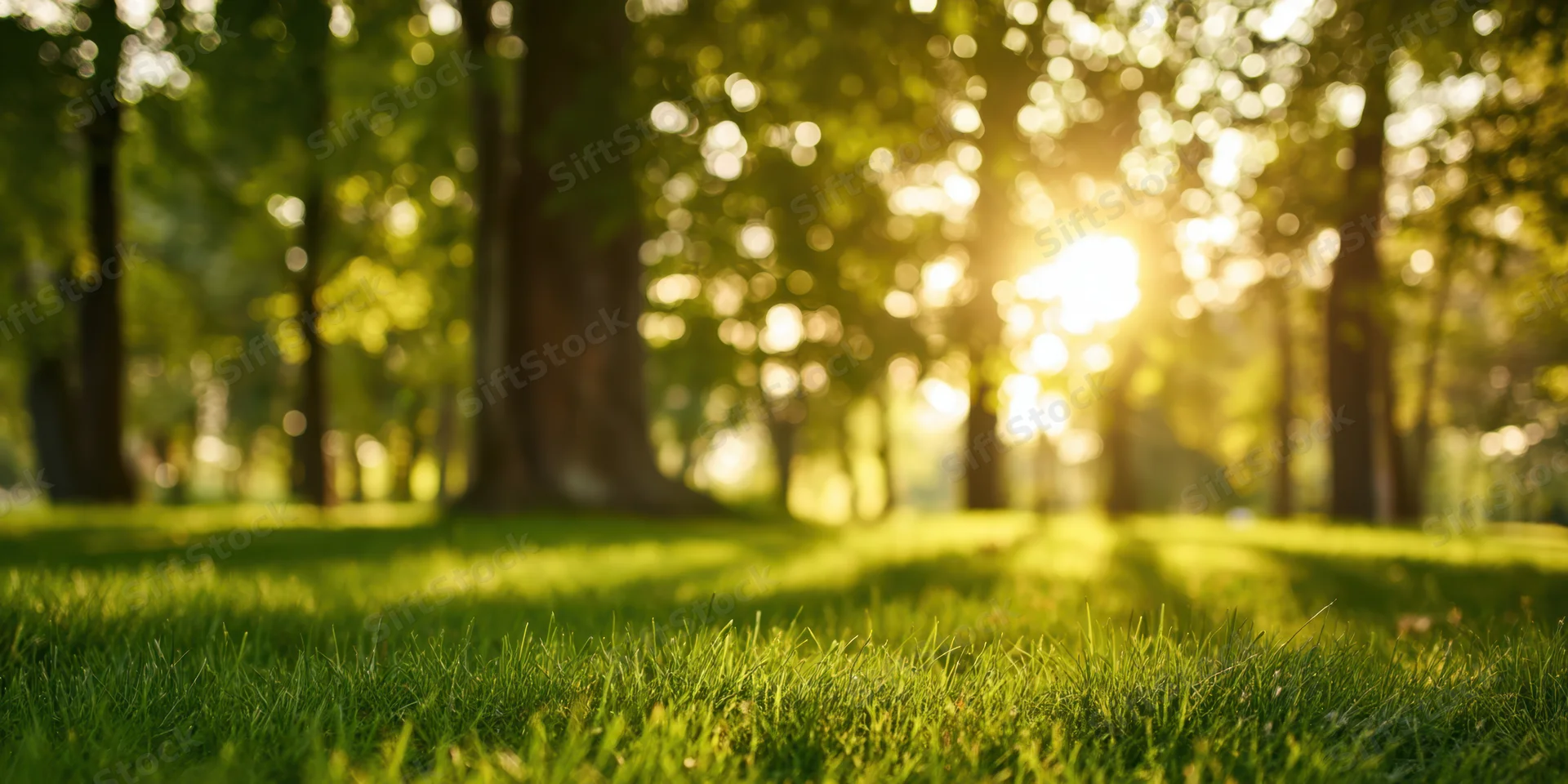 Sunlit grass in a park with tall trees casting shadows