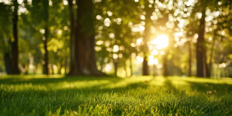 Sunlit grass in a park with tall trees casting shadows