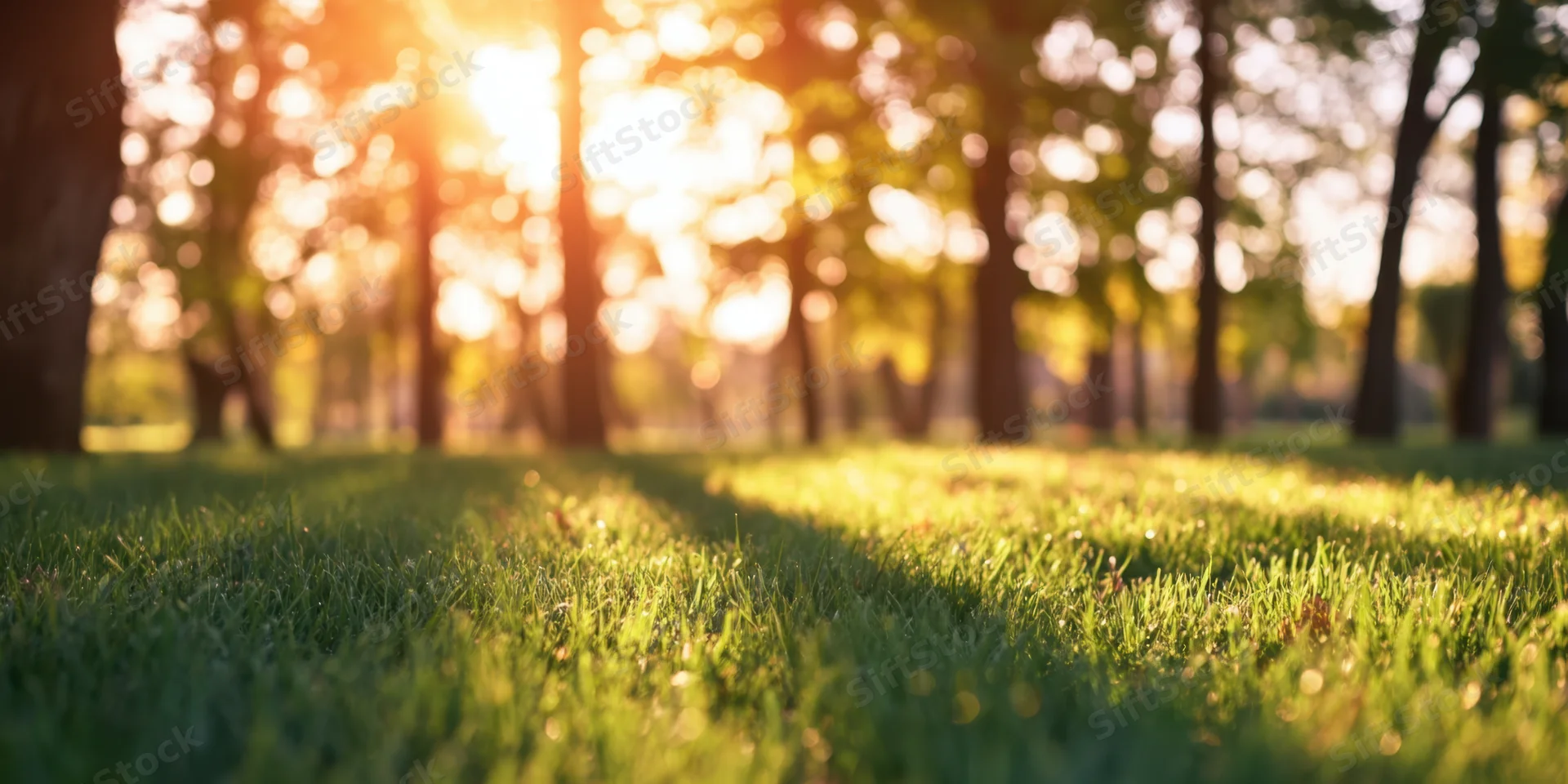 Sunlit grass in a park with tall trees casting dappled shadows