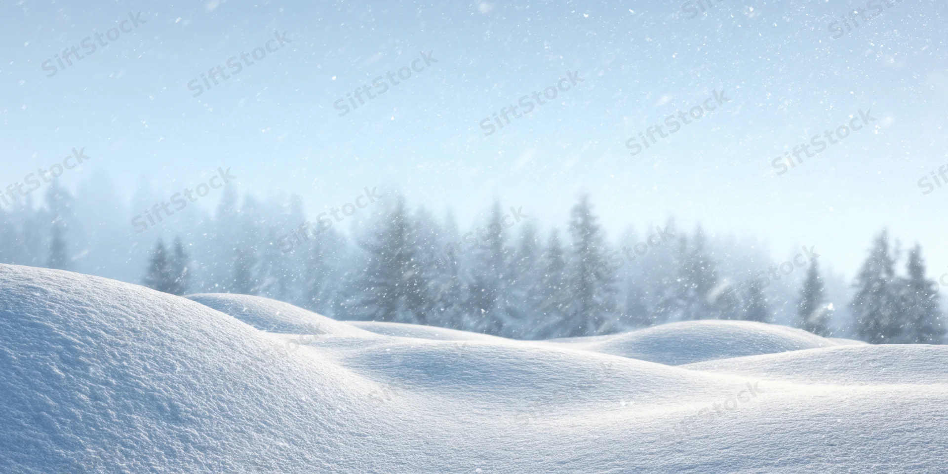 Snow-covered mounds in a tranquil winter landscape with evergreen forest in the distance