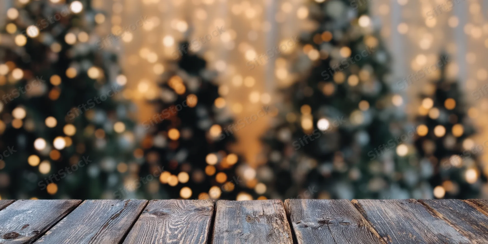 Weathered wooden tabletop in foreground with blurred christmas trees and warm bokeh lights in background