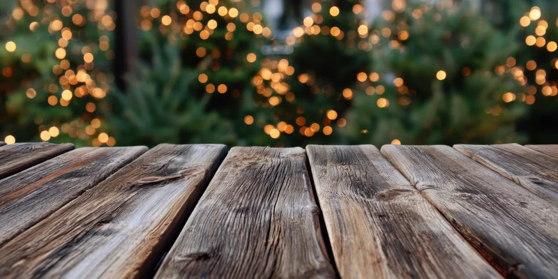 Weathered wooden tabletop in foreground with blurred Christmas lights and evergreen trees in background