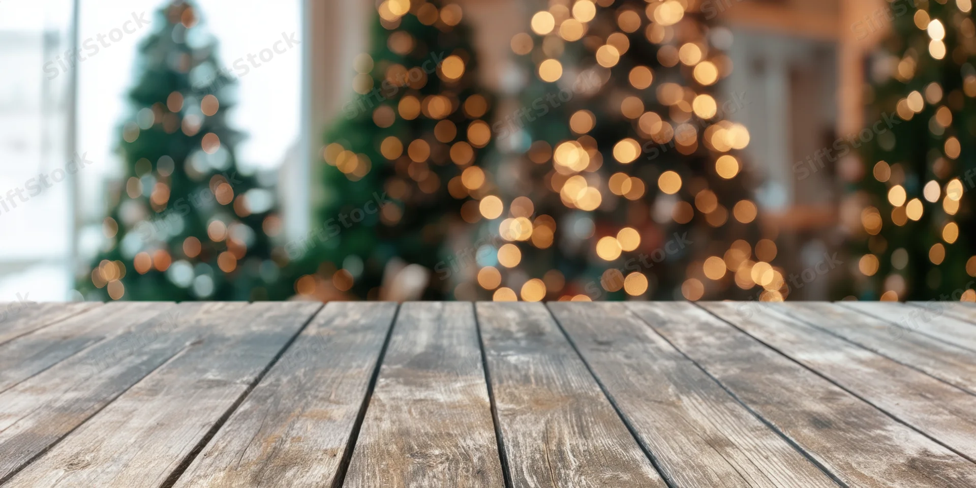 Weathered wooden tabletop in front of blurred christmas trees with warm bokeh lights in a home interior