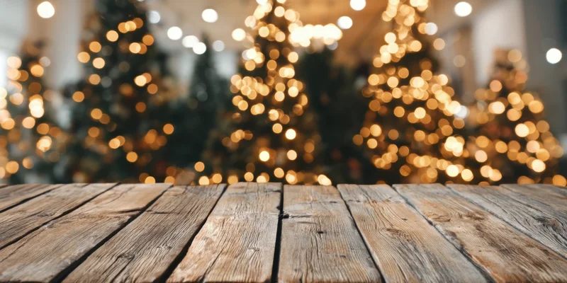 Weathered wooden tabletop in foreground with blurred christmas trees and warm bokeh lights in background