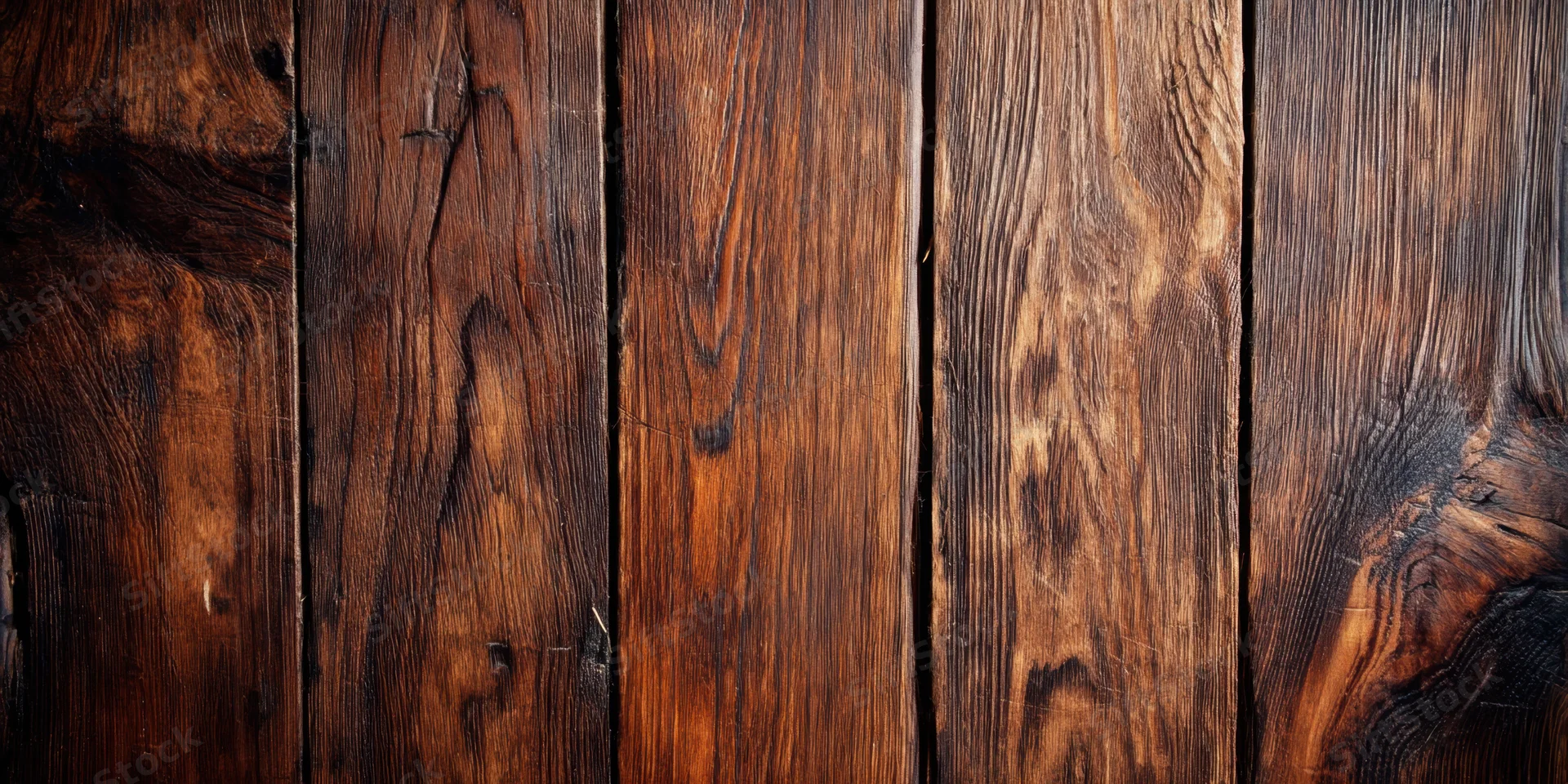 Close-up of dark weathered wooden planks arranged vertically showing rich grain texture