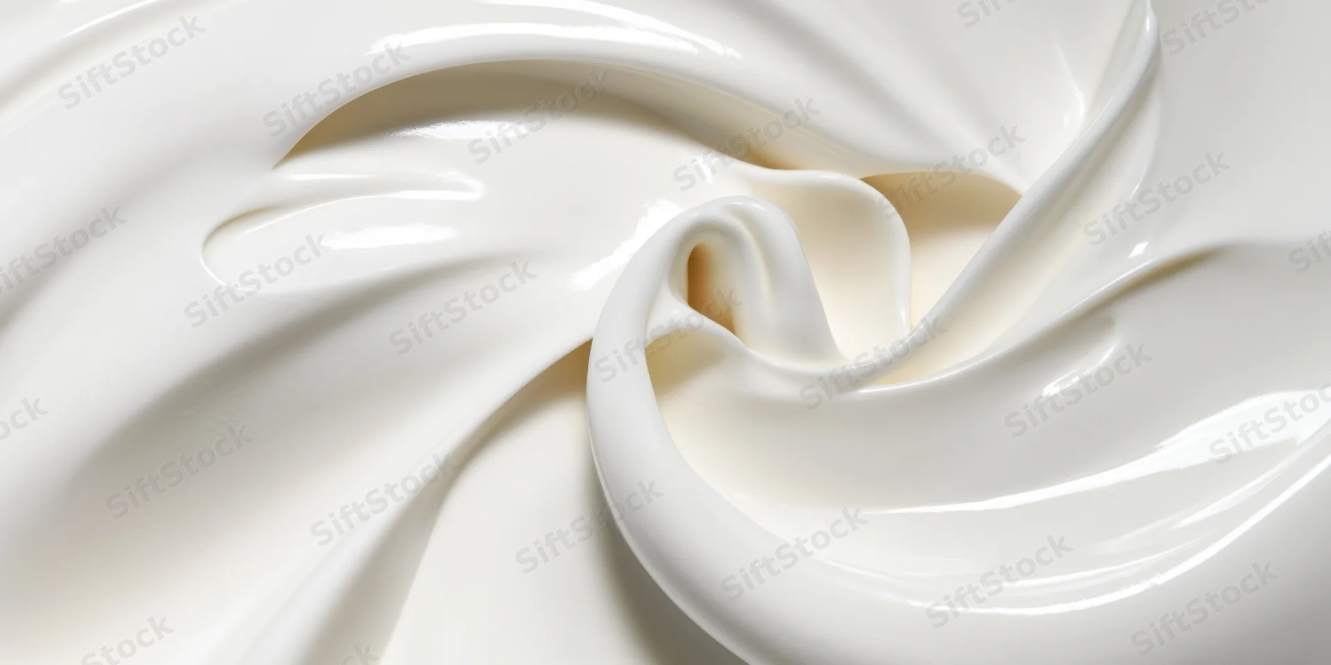 Close-up of silky white cream forming smooth flowing swirls on a plain surface