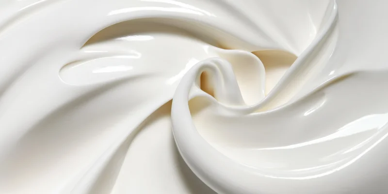 Close-up of silky white cream forming smooth flowing swirls on a plain surface