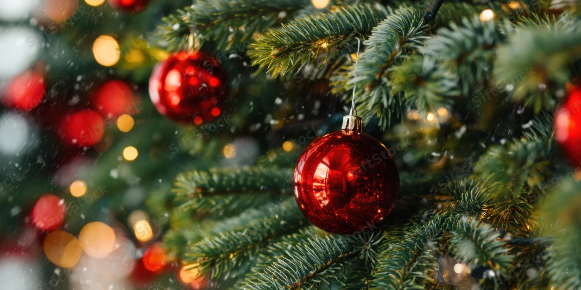 Close up of shiny red ornaments hanging on evergreen christmas tree branches with blurred lights and falling snow