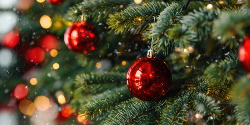 Close up of shiny red ornaments hanging on evergreen christmas tree branches with blurred lights and falling snow