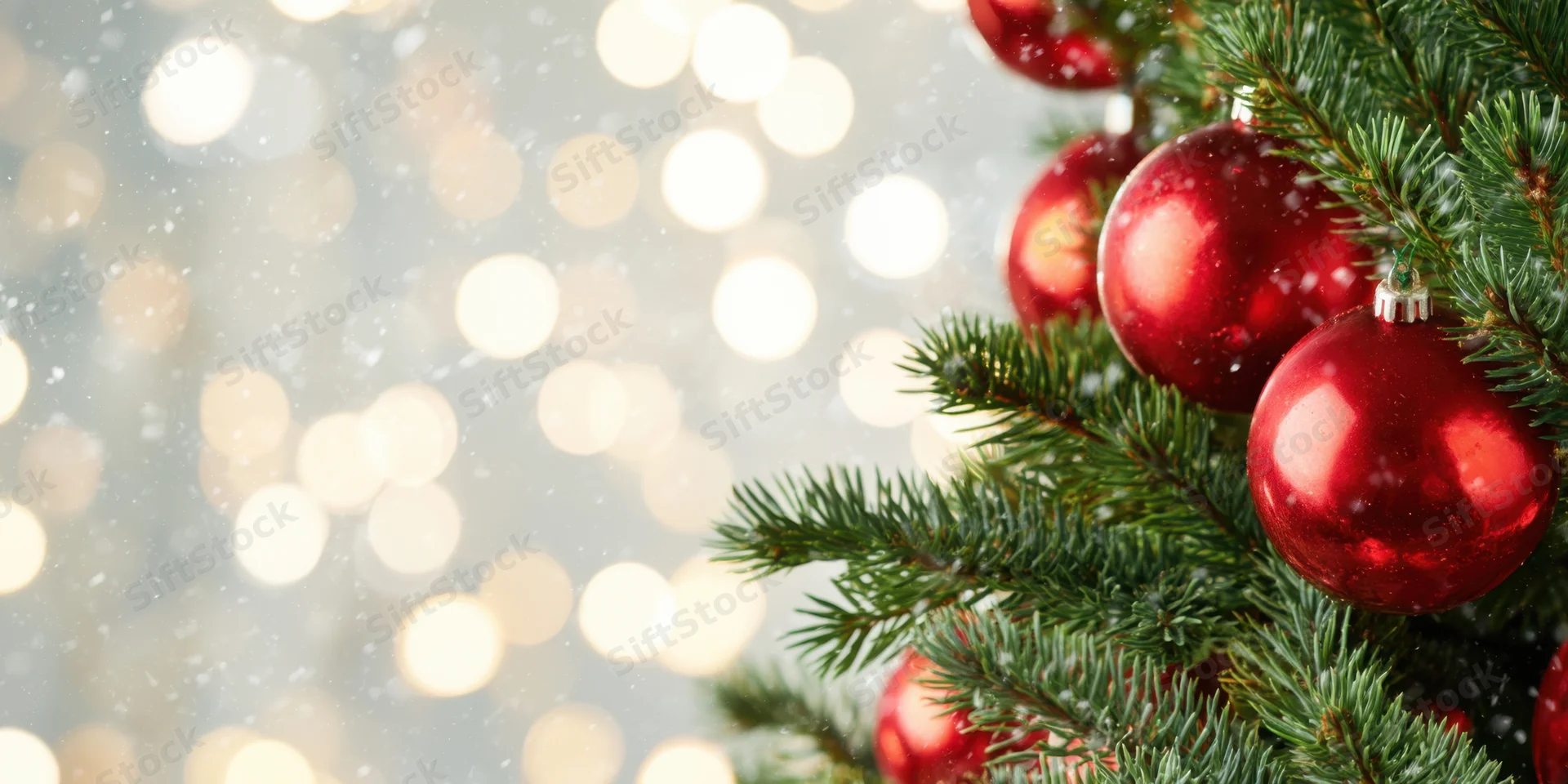 Close up of evergreen christmas tree branches with shiny red ornaments against blurred bokeh lights and falling snow
