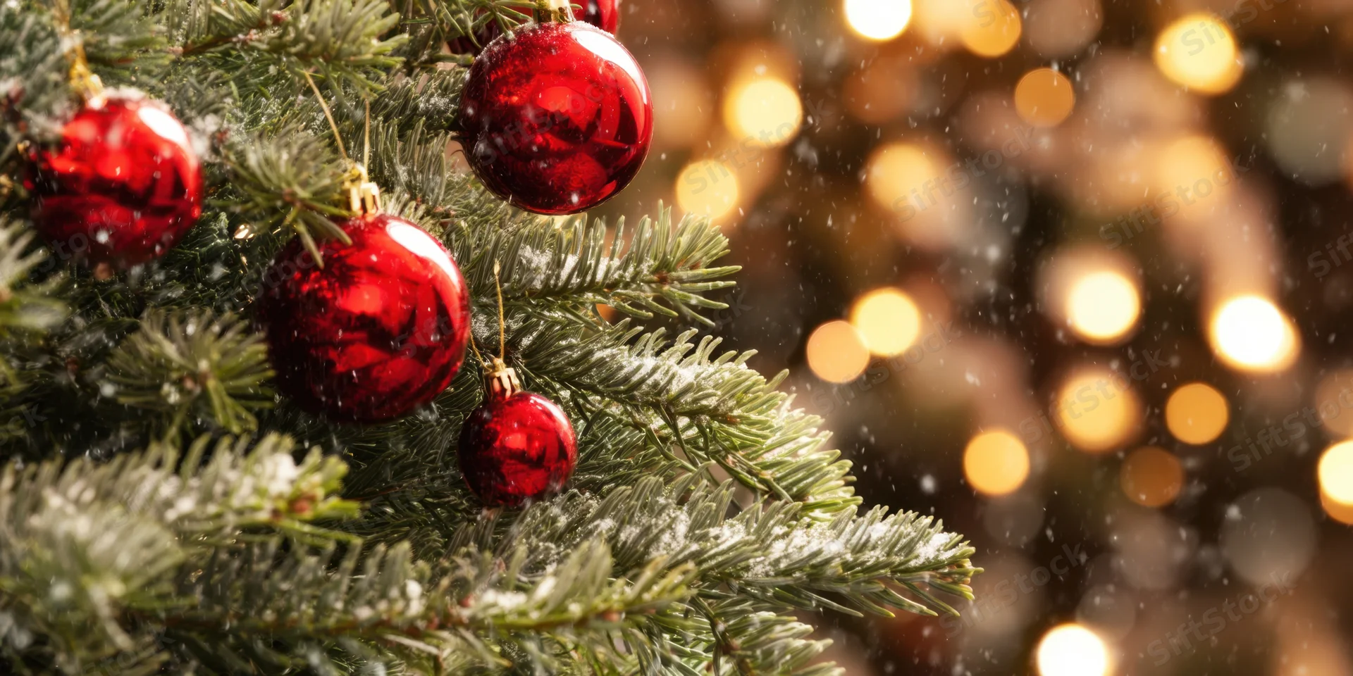 Close up of evergreen christmas tree branches with shiny red ornaments and falling snow against warm bokeh lights