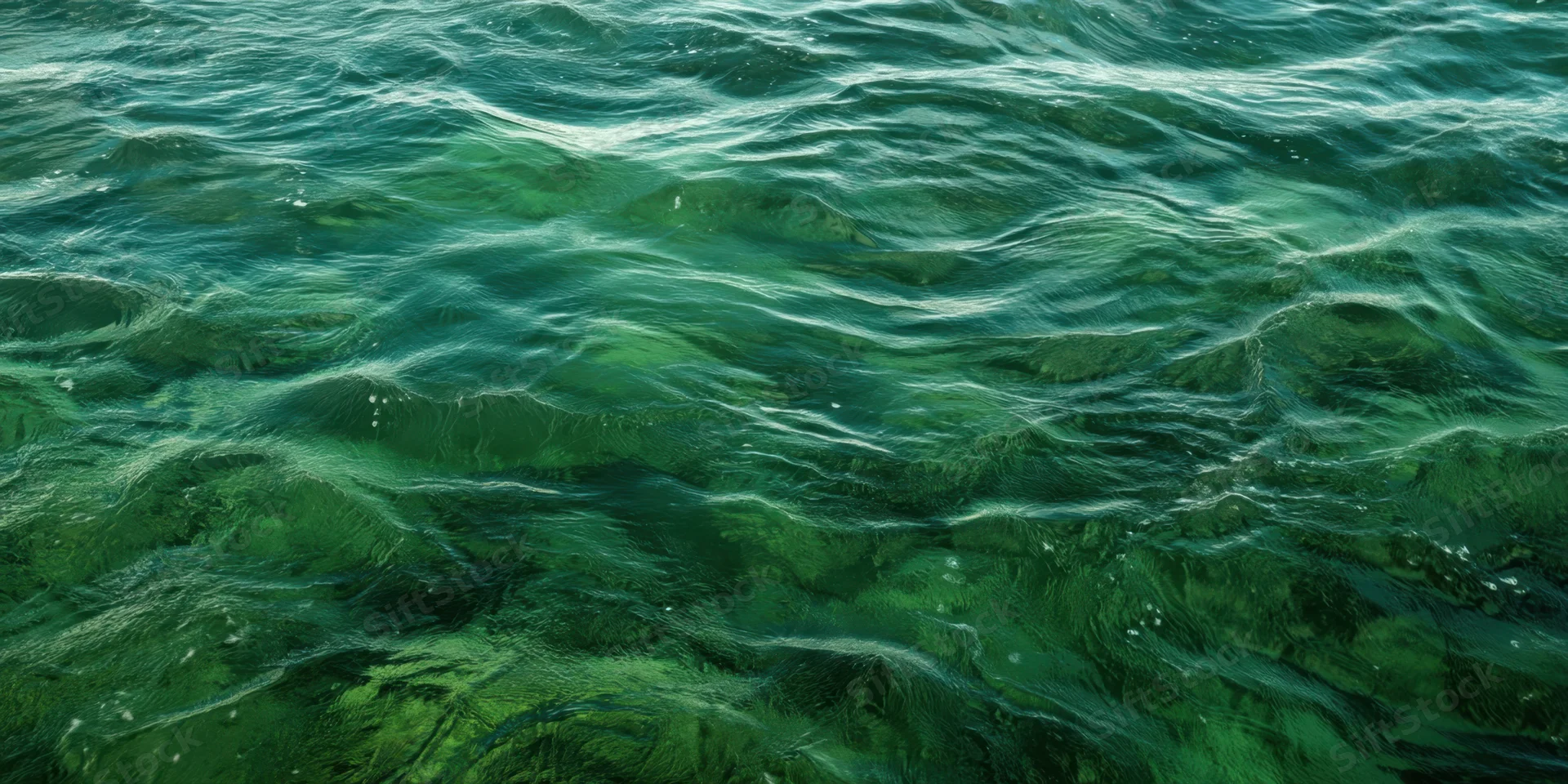 Emerald green ocean surface with ripples and textured waves in shallow water