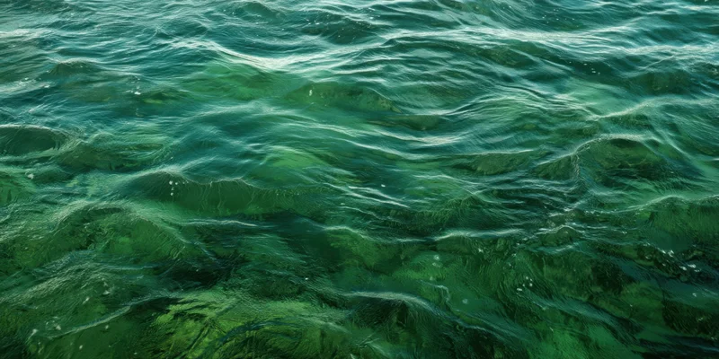 Emerald green ocean surface with ripples and textured waves in shallow water