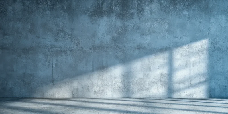 Weathered concrete wall and empty floor with sunlight casting window shadows in an industrial interior