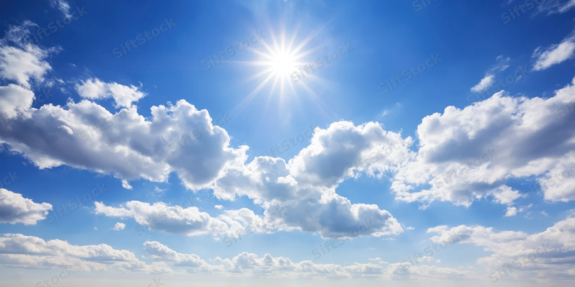 Bright sun shining through fluffy white clouds in a clear blue sky