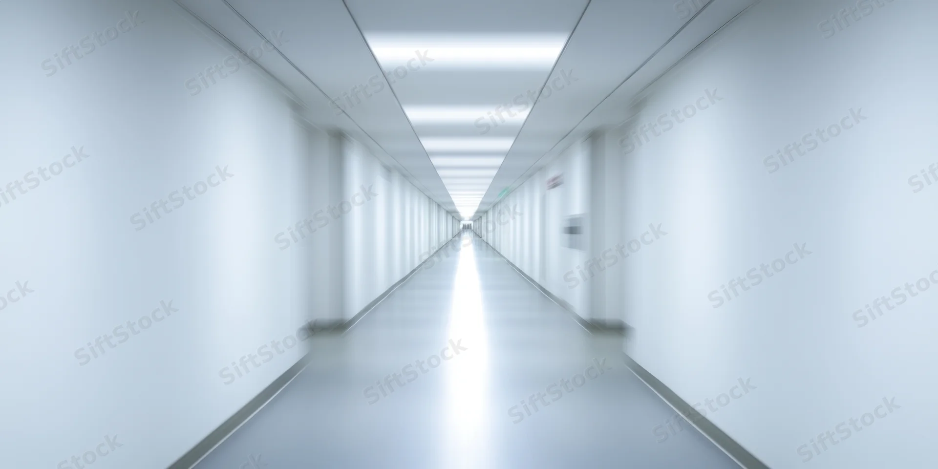 Long white corridor with overhead lighting and blurred perspective leading into distance