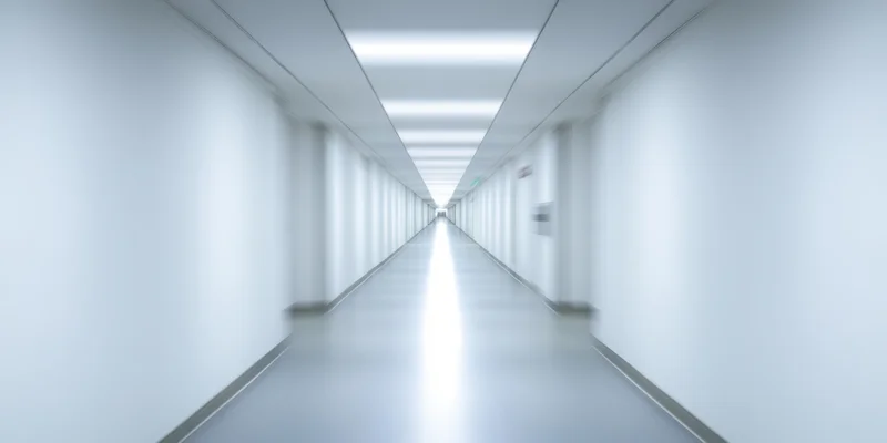 Long white corridor with overhead lighting and blurred perspective leading into distance