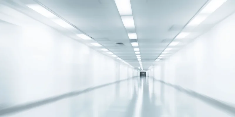 Long white corridor with blurred motion and overhead fluorescent lights receding into distance