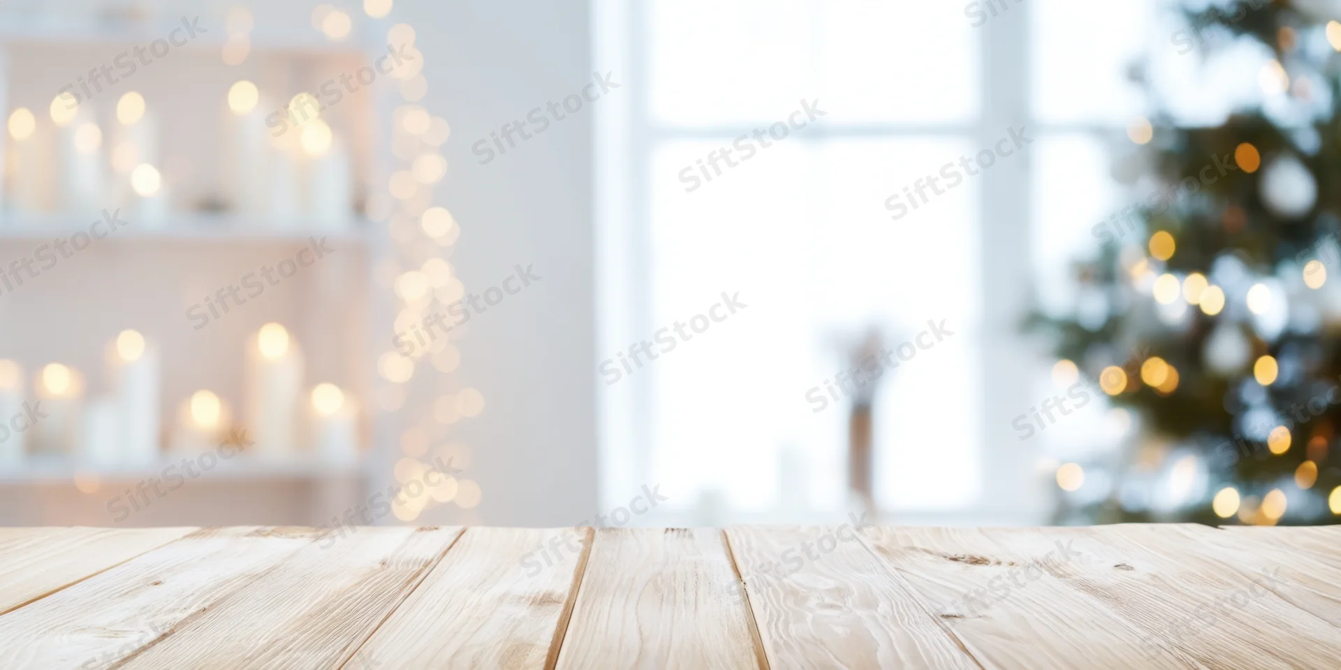 Light wooden table surface in a bright minimalist holiday room with blurred christmas tree and candles in background