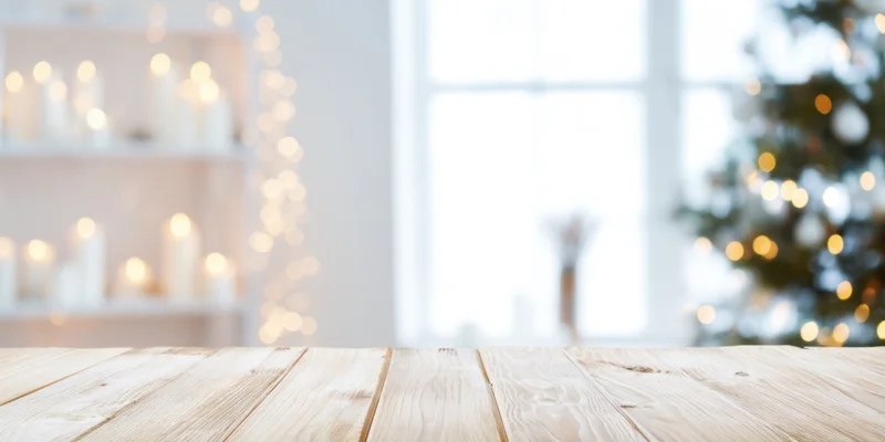 Light wooden table surface in a bright minimalist holiday room with blurred christmas tree and candles in background
