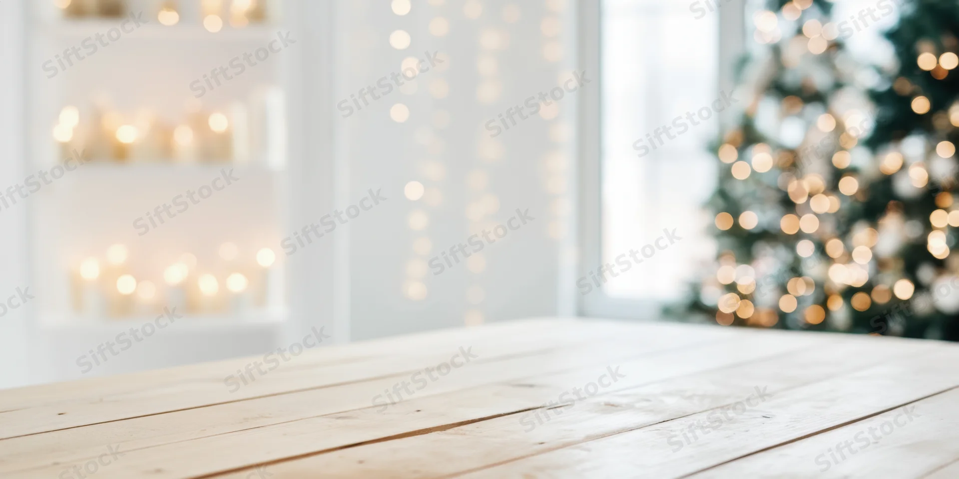 Light wooden table in a bright minimalist holiday room with blurred christmas tree and lights in background
