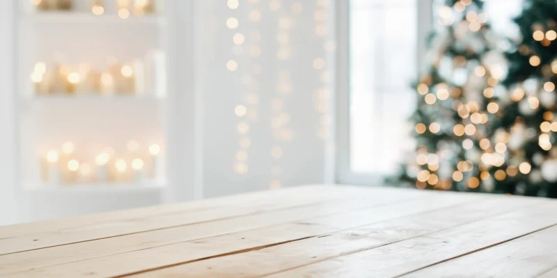 Light wooden table in a bright minimalist holiday room with blurred christmas tree and lights in background