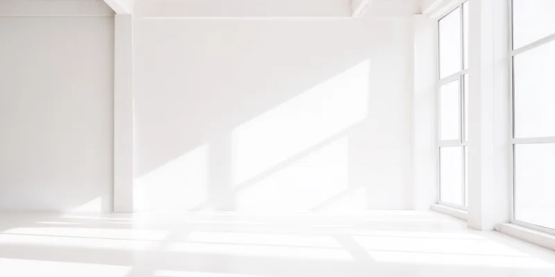 Bright minimalist studio with seamless white walls and large windows letting in natural light