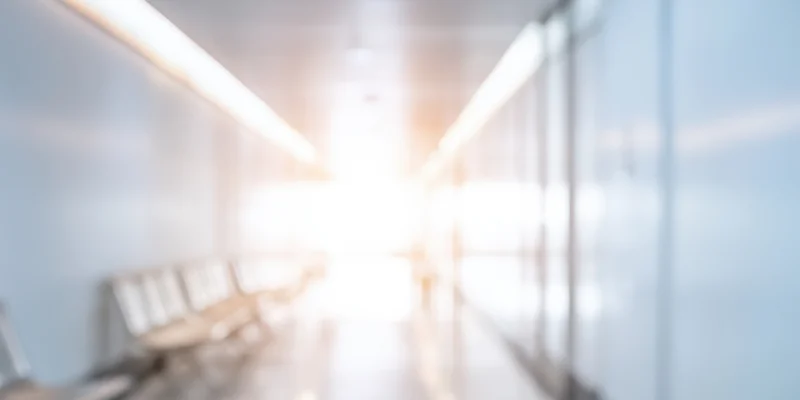 Bright modern corridor with white walls and row of benches leading to light at end
