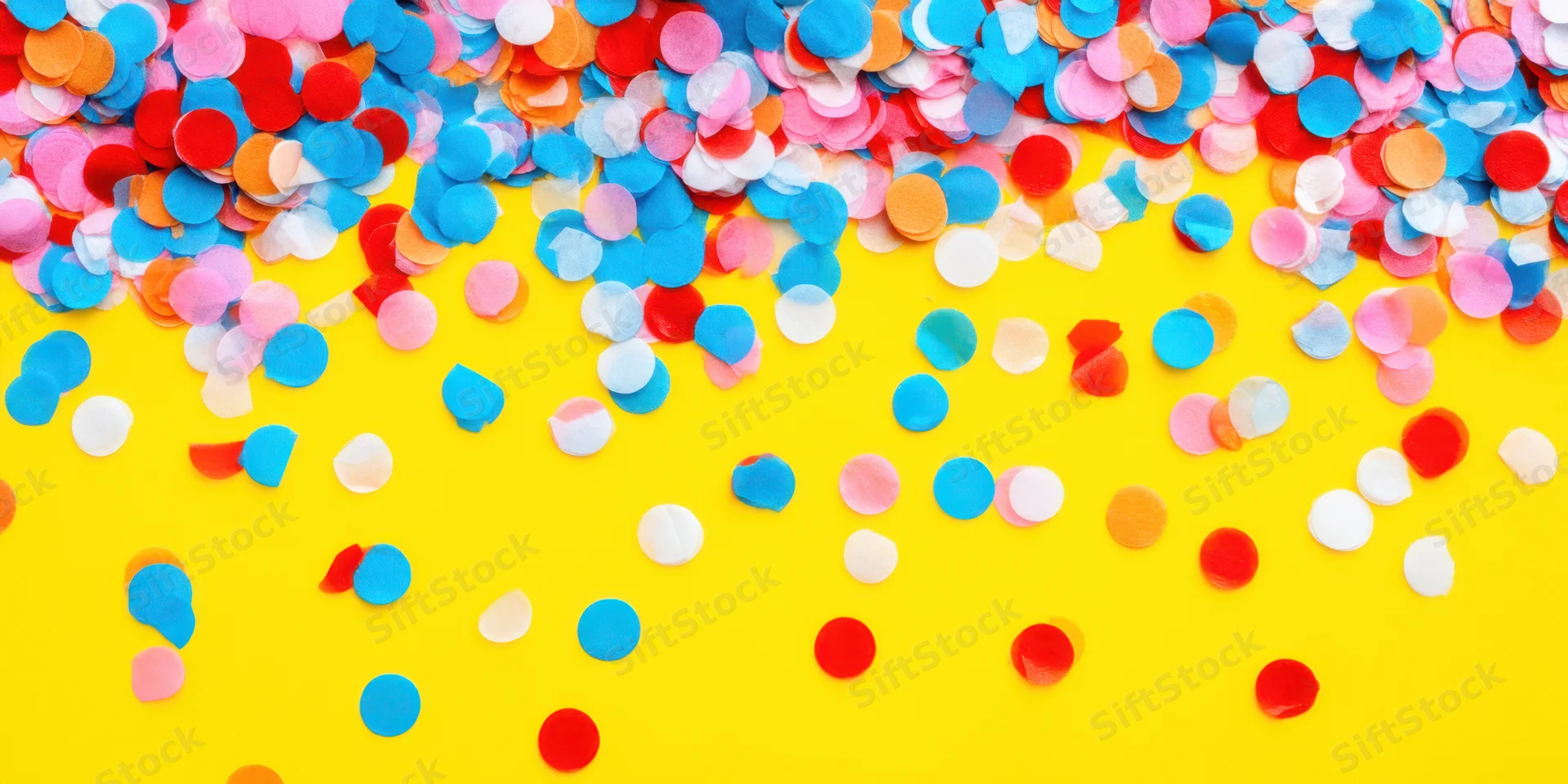 Colorful confetti scattered across a bright yellow background with copyspace