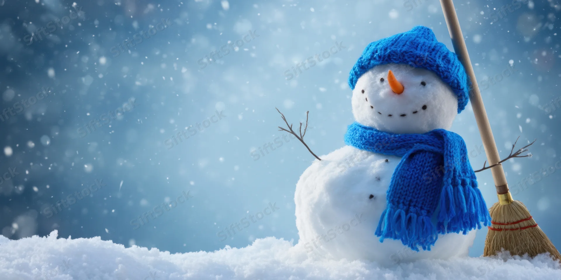 Cheerful snowman wearing blue knitted hat and scarf standing in snow with broom and twig arms