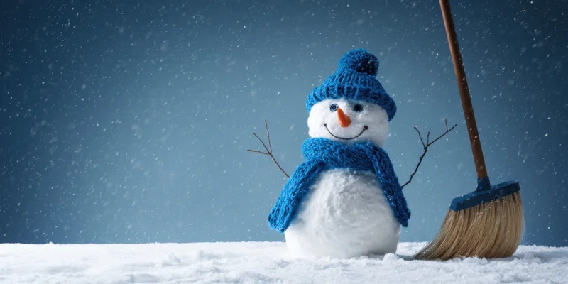 Cheerful snowman wearing blue knitted hat and scarf standing in snow with broom beside it