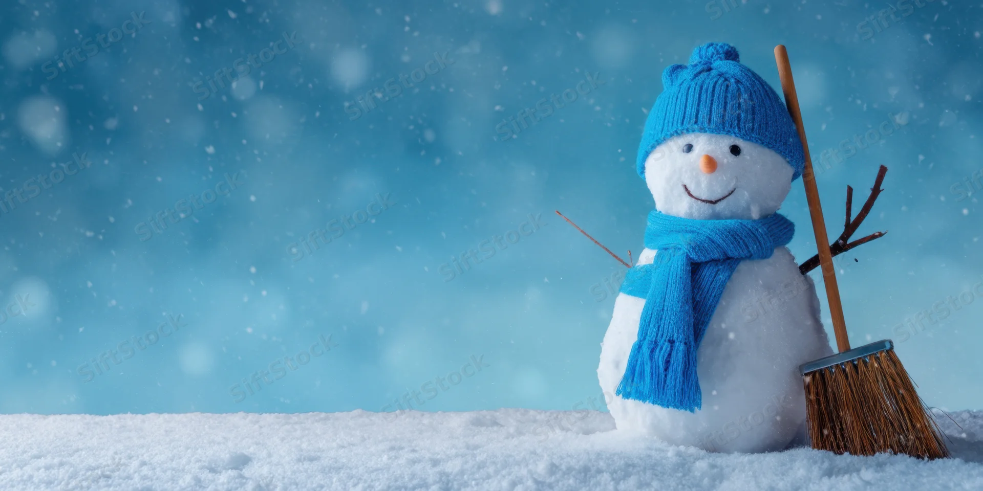 Cheerful snowman wearing blue knitted hat and scarf standing in snow with broom and stick arms