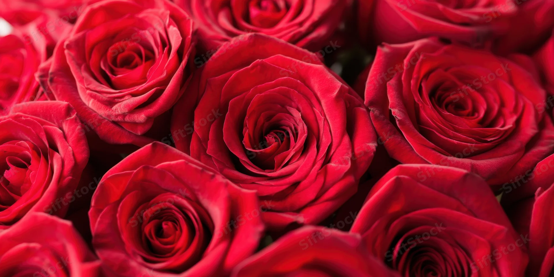 Dense bouquet of red roses filling the frame