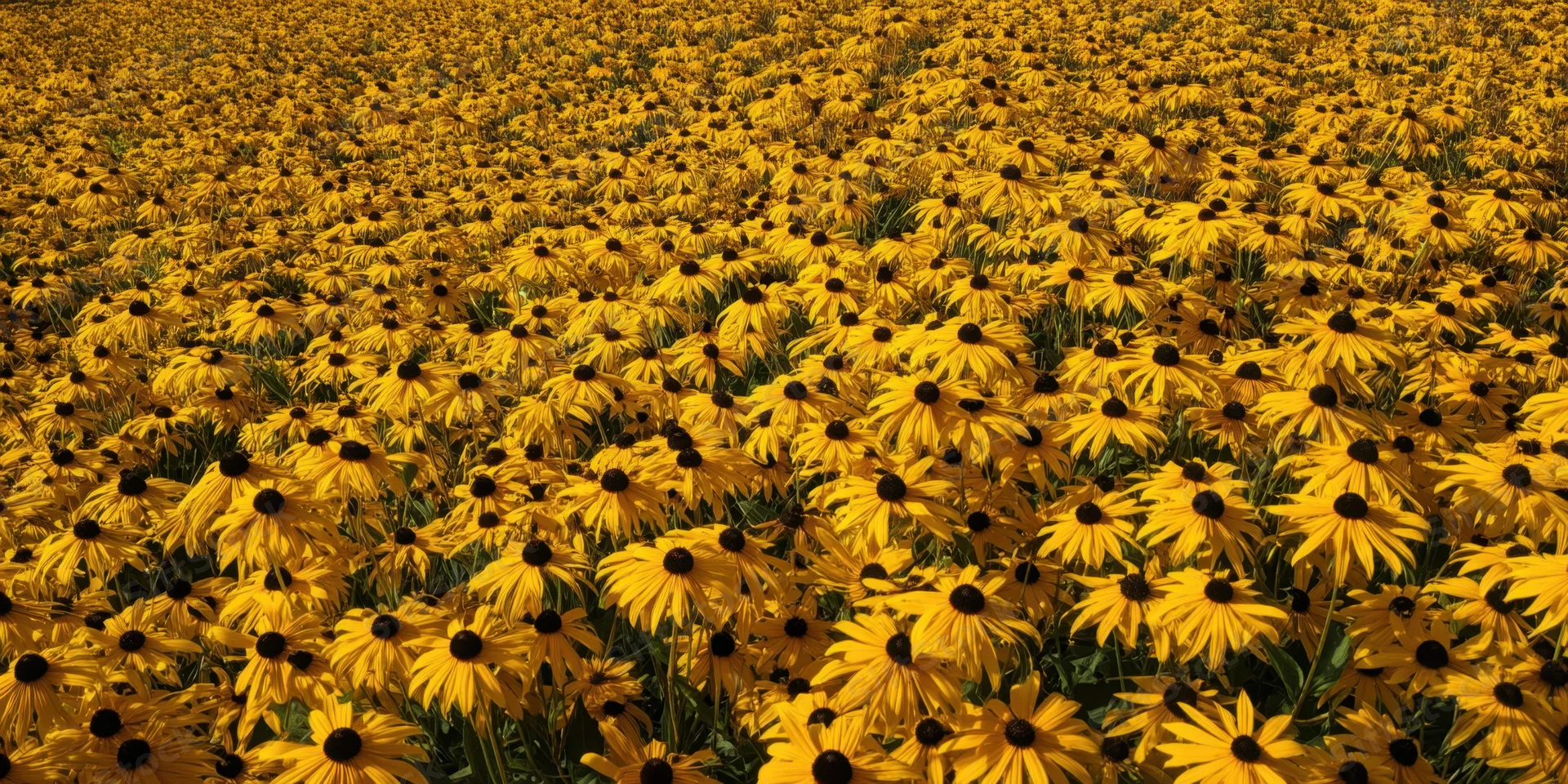 Dense field of yellow daisies with dark centers sunlit outdoors