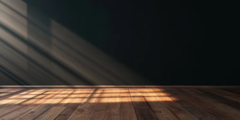 Diagonal sunlight casting shadows on a wooden floor against a black wall in an empty room