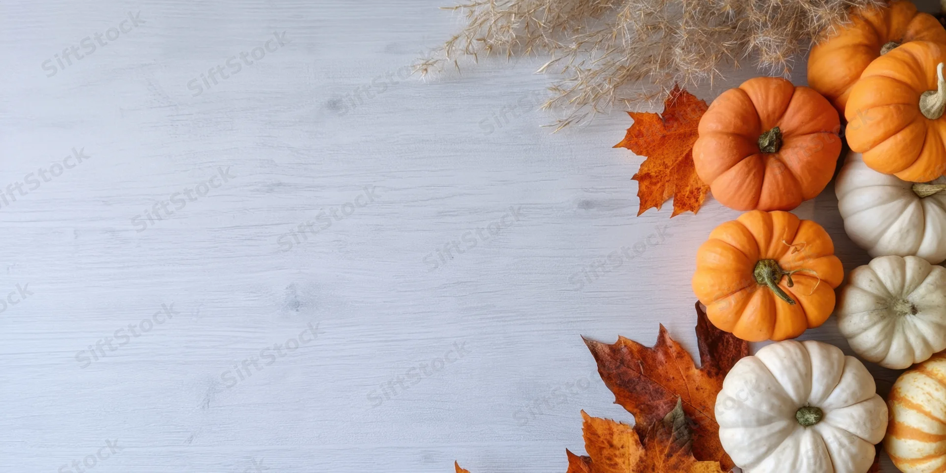 Small pumpkins and autumn leaves arranged on a light wooden surface with copyspace