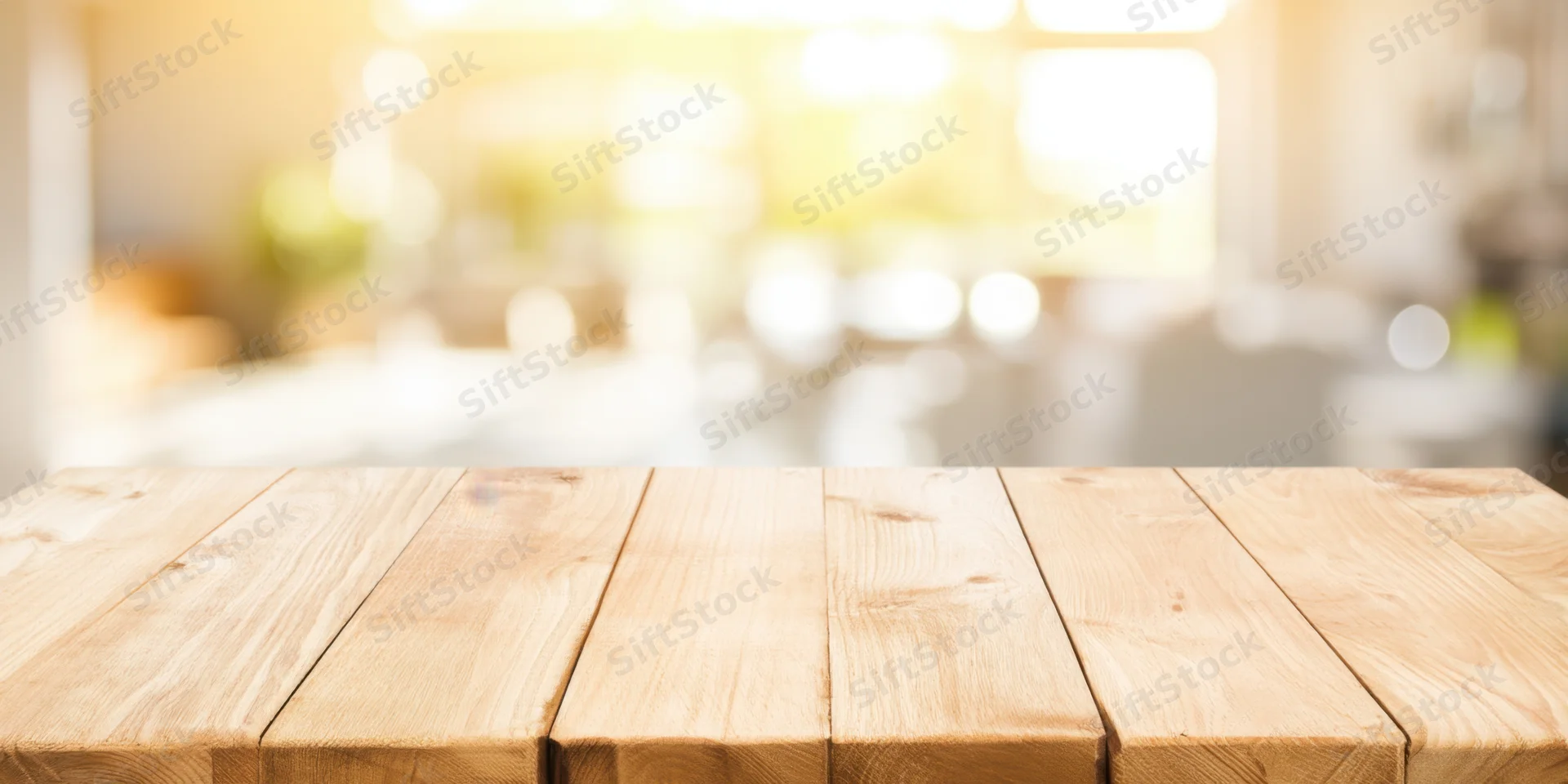 Light wooden tabletop in foreground with blurred interior background