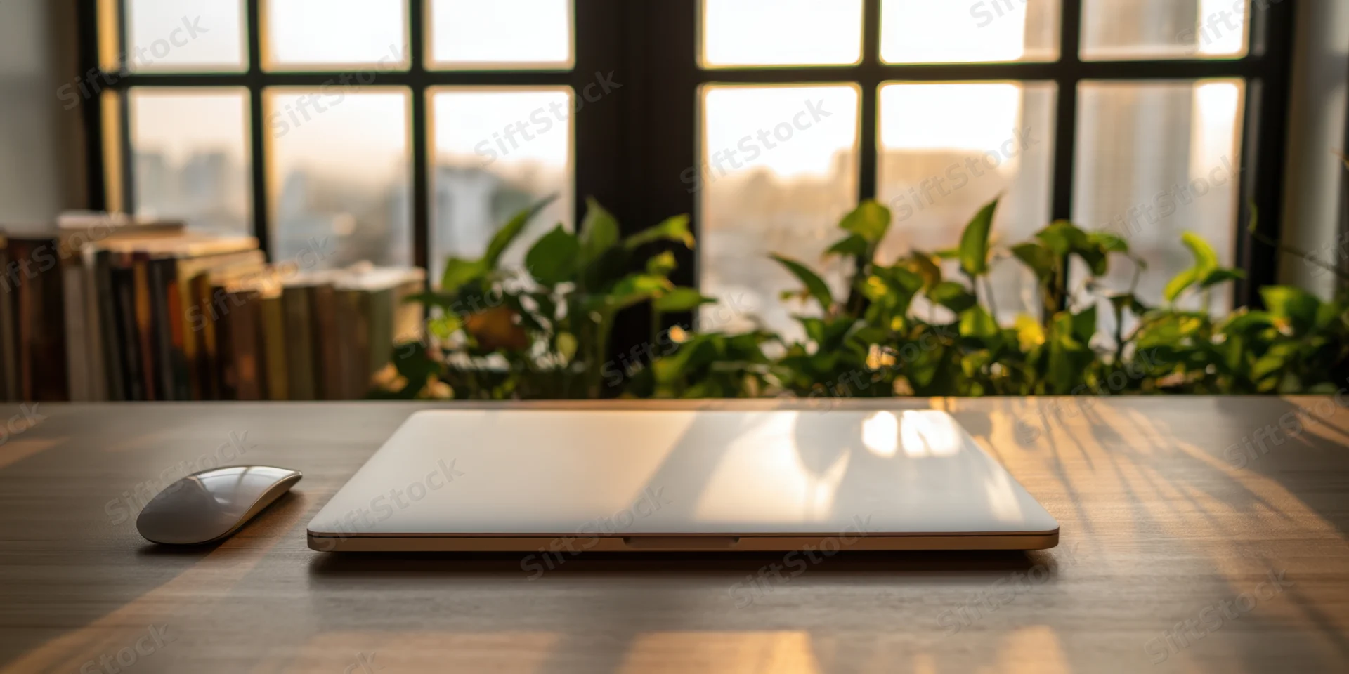 Closed silver laptop and wireless mouse on wooden desk by window with green plants and sunlight
